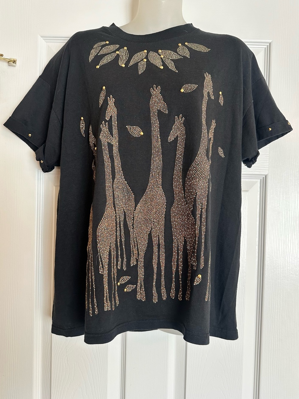 Vintage Black Textured Graphic Giraffe Tee with Beaded Embellishments
